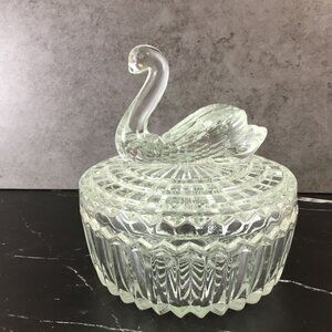 Jeannette Glass Clear Glass Swan Powder Jar Trinket Box